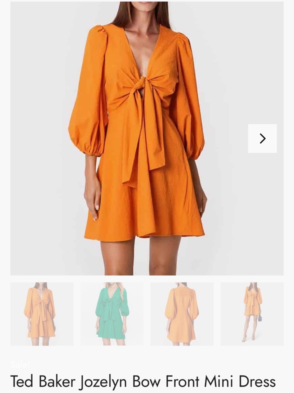 Ted Baker Orange Bow Front Mini Dress with Puff Sleeves